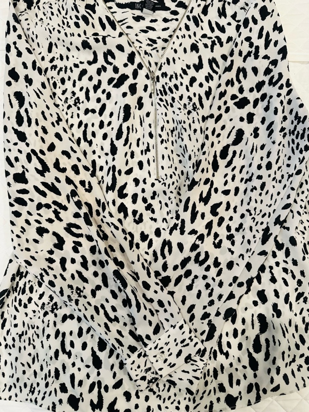 Animal Print Zip Front Blouse - Black & Cream